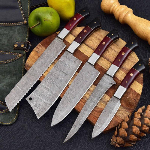 Damascus 5-piece chef knife set with patterned steel blades and ergonomic handles for professional kitchen use by Viking Hills
