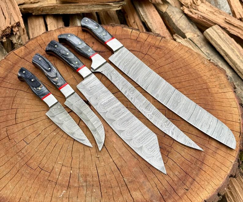 Damascus 5-piece chef knife set with patterned steel blades and ergonomic handles for professional kitchen use by Viking Hills
