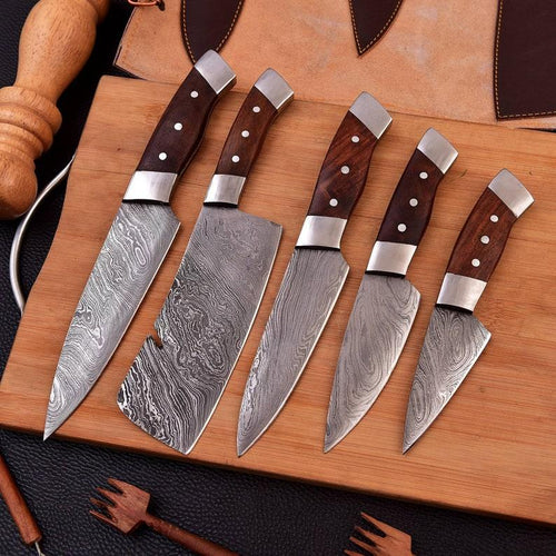Damascus 5-piece chef knife set with patterned steel blades and ergonomic handles for professional kitchen use by Viking Hills

