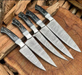 Damascus 5-piece chef knife set with patterned steel blades and ergonomic handles for professional kitchen use by Viking Hills
