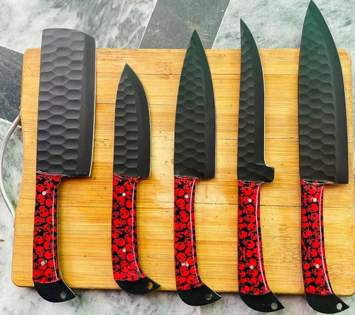 steel 5-piece chef knife set with patterned steel blades and ergonomic handles for professional kitchen use by Viking Hills
