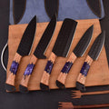forged steel 5-piece chef knife set with patterned steel blades and ergonomic handles for professional kitchen use by Viking Hills
