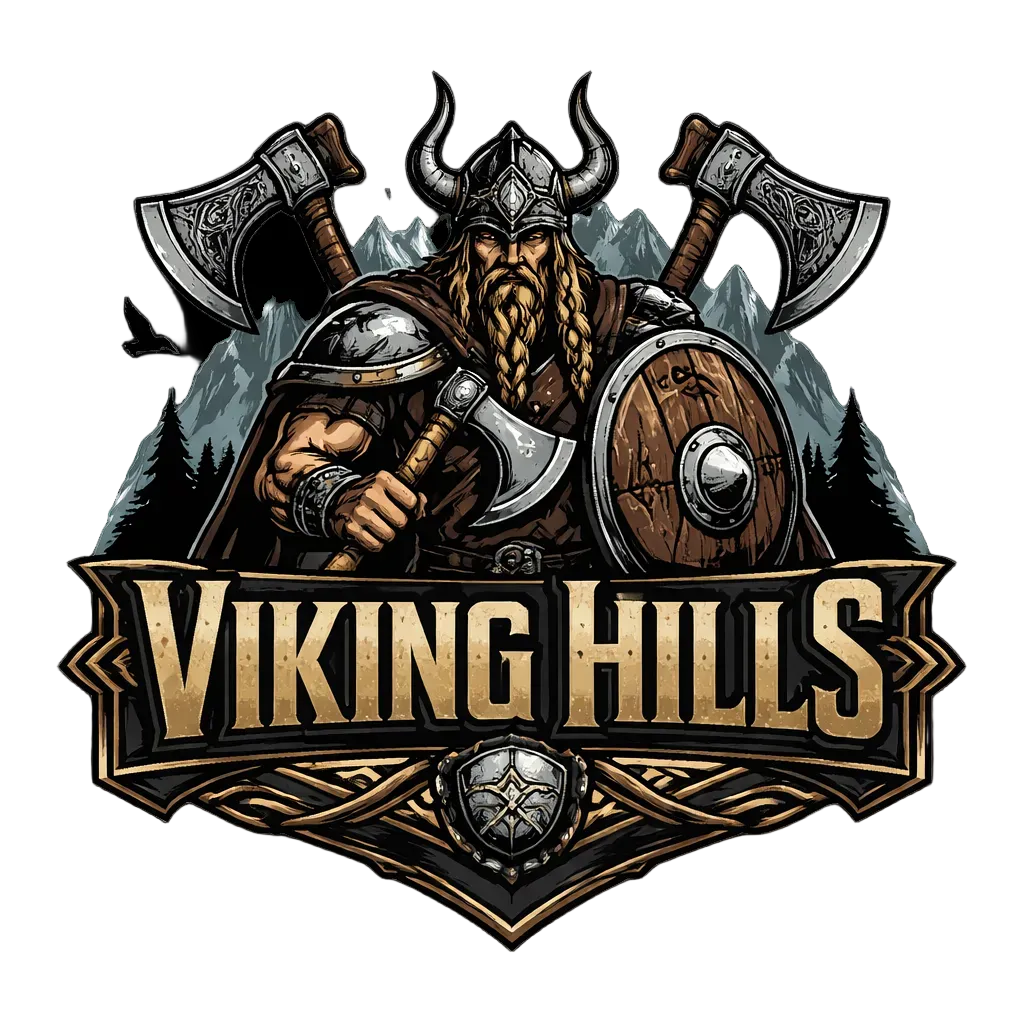 Viking warrior with axes and shield, surrounded by mountains and trees, with 'Viking Hills' text.