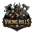 Viking warrior with axes and shield, surrounded by mountains and trees, with 'Viking Hills' text.