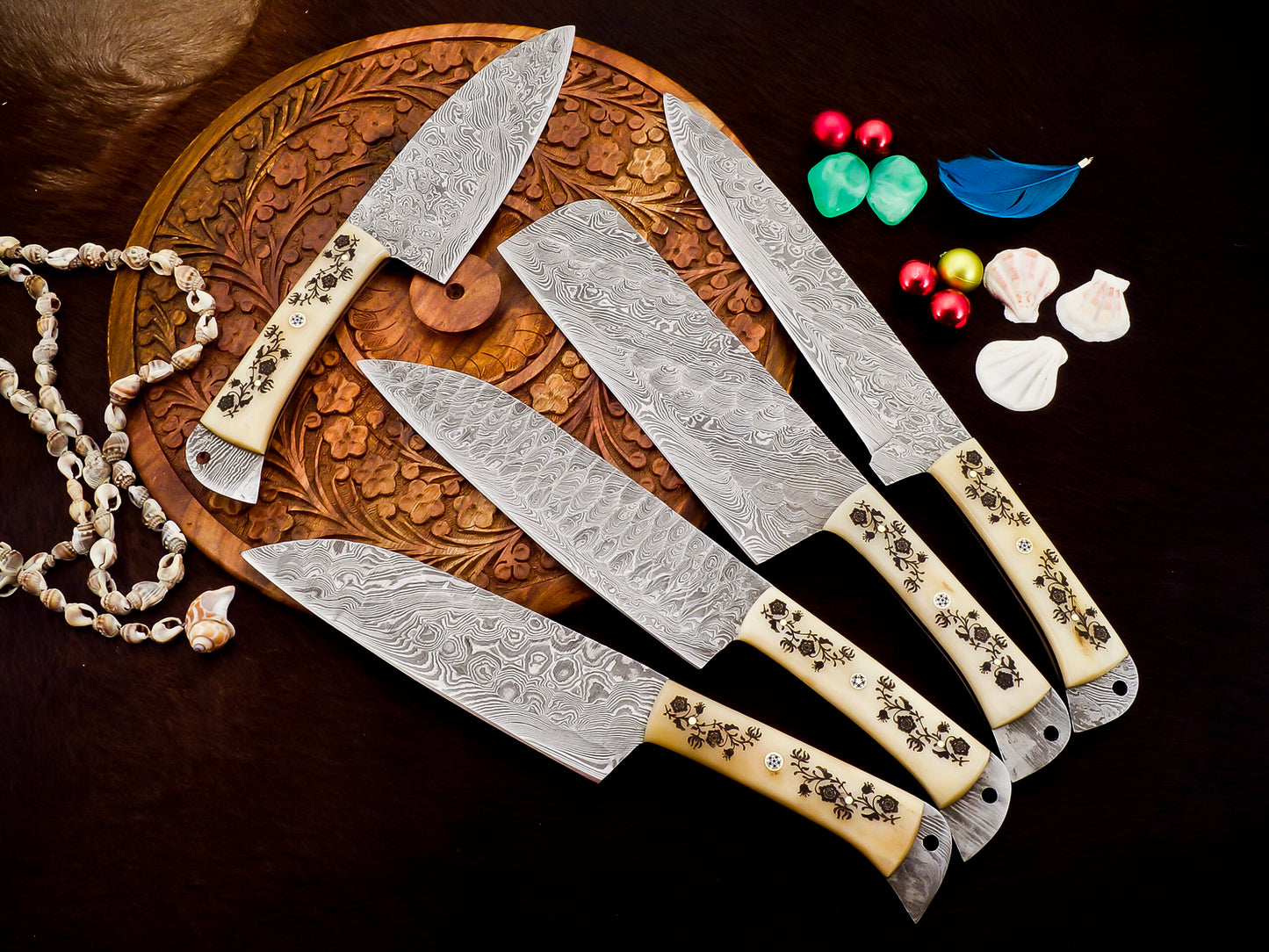 Handmade Damascus Steel Chef set Of 5pcs With Leather Sheath