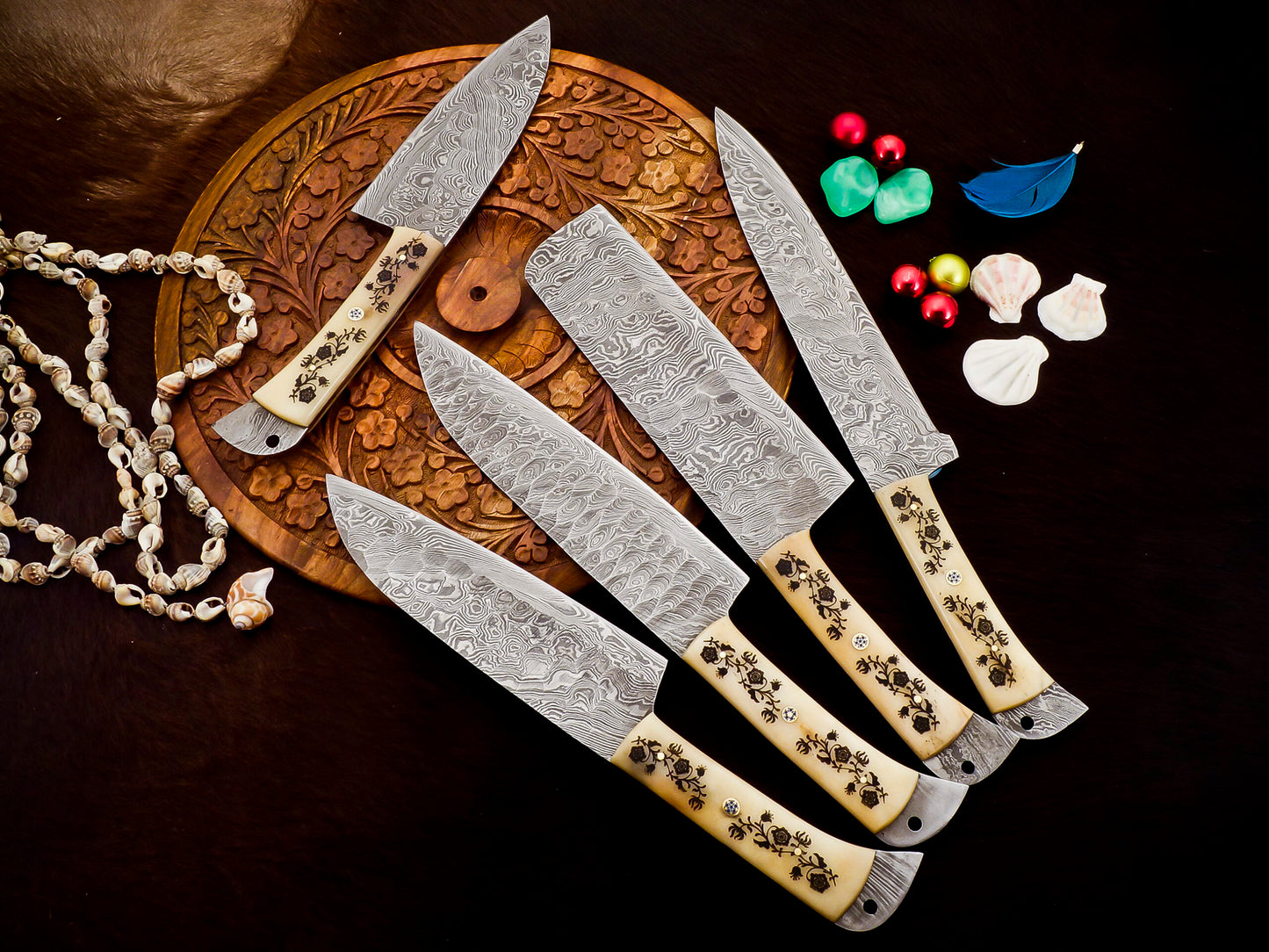 Handmade Damascus Steel Chef set Of 5pcs With Leather Sheath