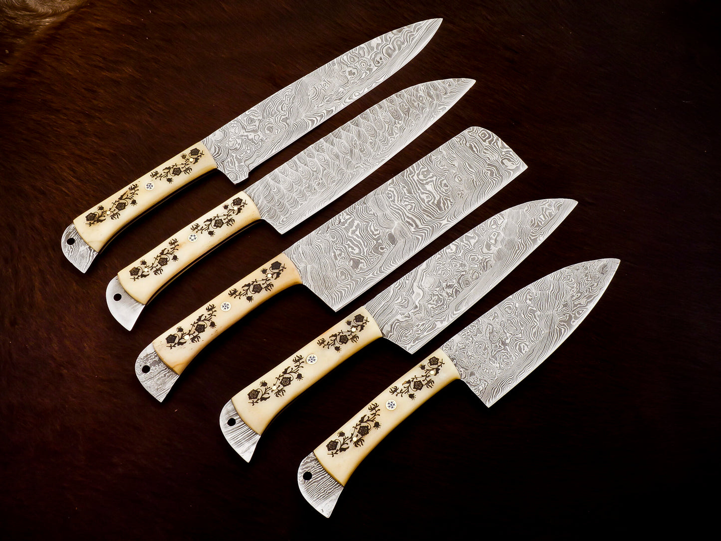 Handmade Damascus Steel Chef set Of 5pcs With Leather Sheath