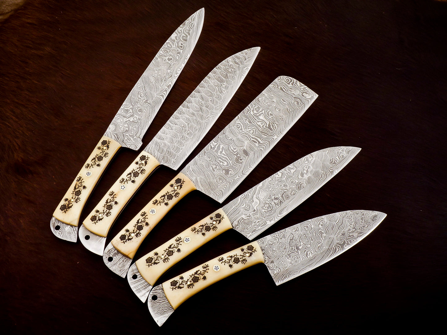 Handmade Damascus Steel Chef set Of 5pcs With Leather Sheath