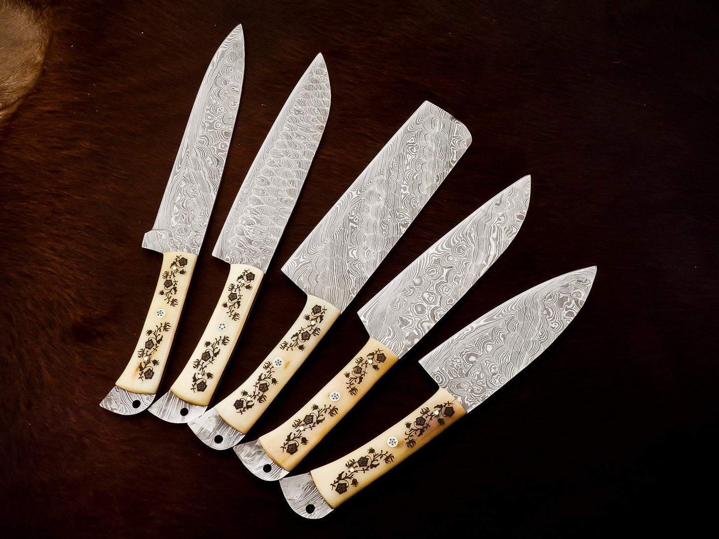 Handmade Damascus Steel Chef set Of 5pcs With Leather Sheath