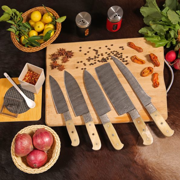 Personalised Damascus Steel Chef set  With Leather Sheath - Best Anniversary gifts