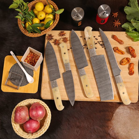 Personalised Damascus Steel Chef set  With Leather Sheath - Best Anniversary gifts