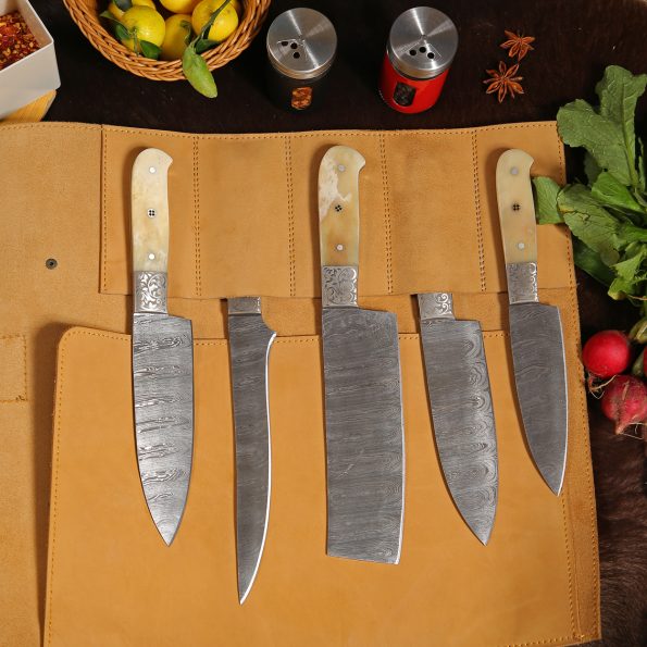 Personalised Damascus Steel Chef set  With Leather Sheath - Best Anniversary gifts