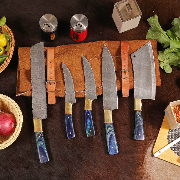 Personalised Damascus Steel Chef set  With Leather Sheath - Best Birthday gifts