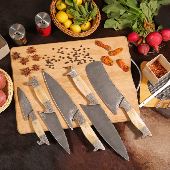 Personalised Damascus Steel Chef set  With Leather Sheath - Best Wedding gifts