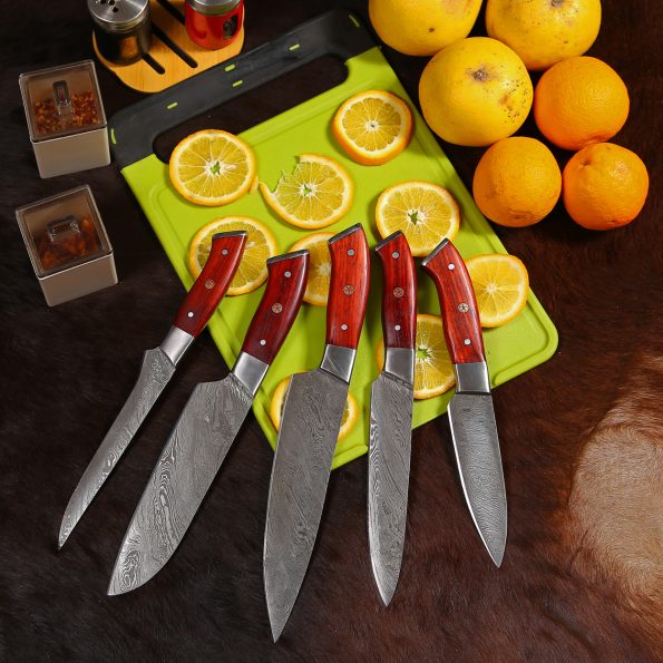 Damascus Steel Chef knives set  With Leather Sheath - Best Anniversary gifts