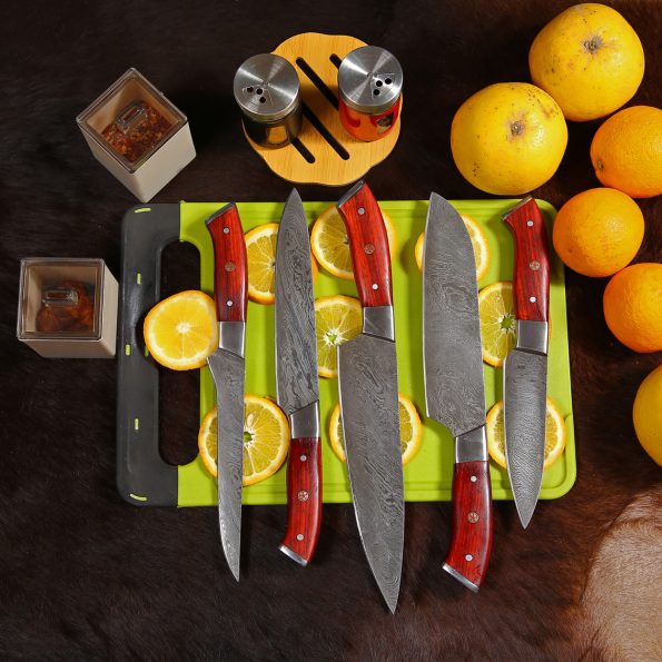 Damascus Steel Chef knives set  With Leather Sheath - Best Anniversary gifts