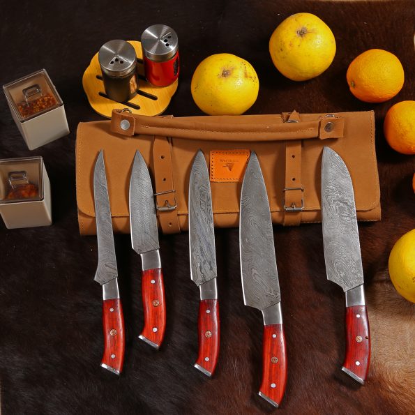 Damascus Steel Chef knives set  With Leather Sheath - Best Anniversary gifts