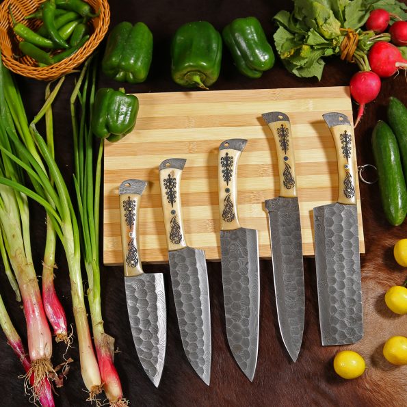 Damascus Steel Chef knives set  With Leather Sheath - Best Kitchen Tools