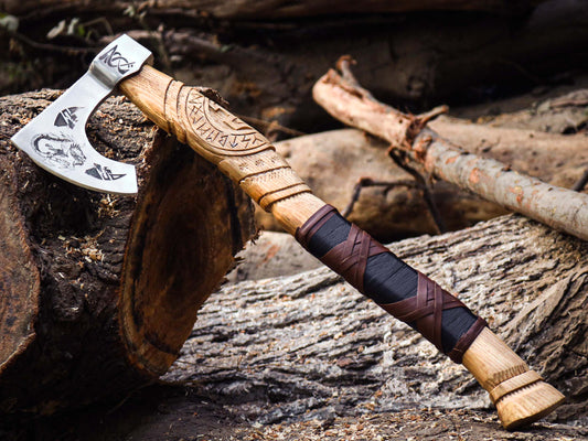 Custom Handmade Viking Etched Axe with Ash Wood Handle | Best Outdoor Axe