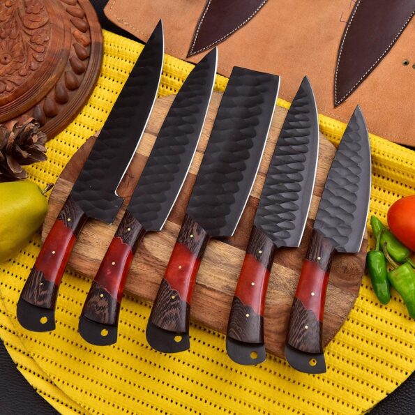 Personalised 5 Piece Steel Chef set with leather cover - Best kitchen Knife Set