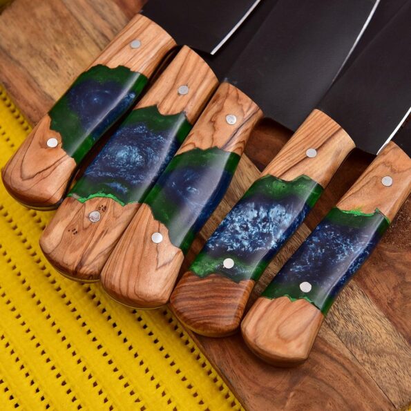 Handmade Carbon Steel Chef Knife Set 5 Pc With Leather Cover - Best kitchen Knife Set.