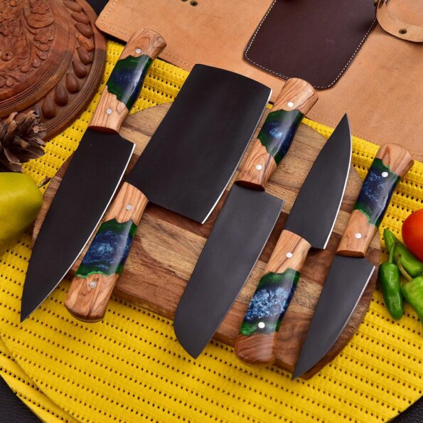 Handmade Carbon Steel Chef Knife Set 5 Pc With Leather Cover - Best kitchen Knife Set.