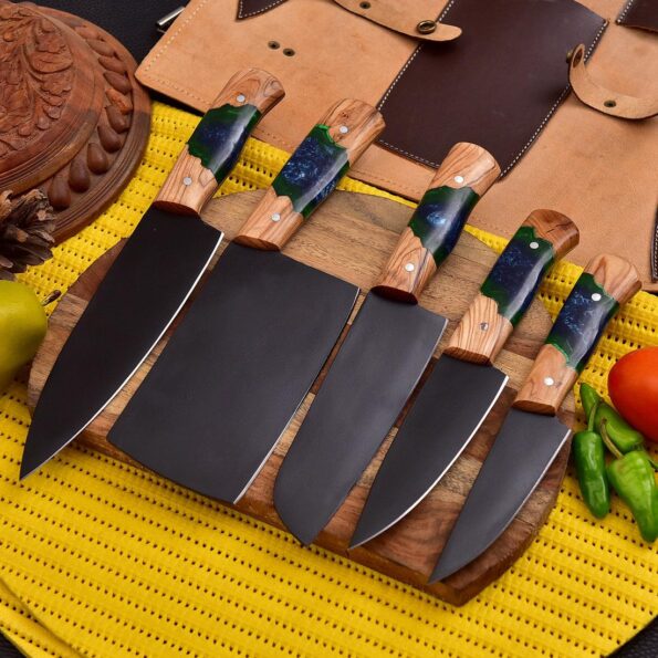 Handmade Carbon Steel Chef Knife Set 5 Pc With Leather Cover - Best kitchen Knife Set.