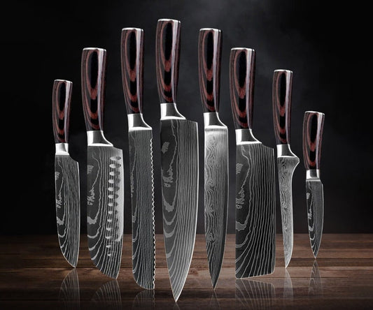 Complete 8-Piece Kitchen Knife Set with Damascus Pattern - Japanese Chef Knife Set with Smooth Wooden Handles - Ultra Sharp for Fast Cutting