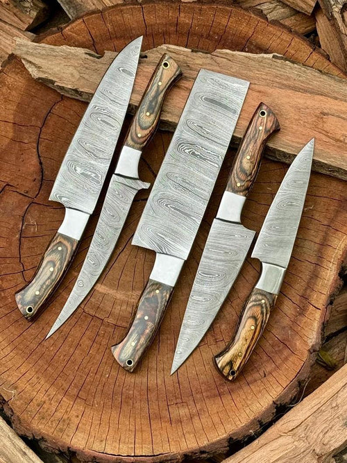 Damascus 5-piece chef knife set with patterned steel blades and ergonomic handles for professional kitchen use by Viking Hills
