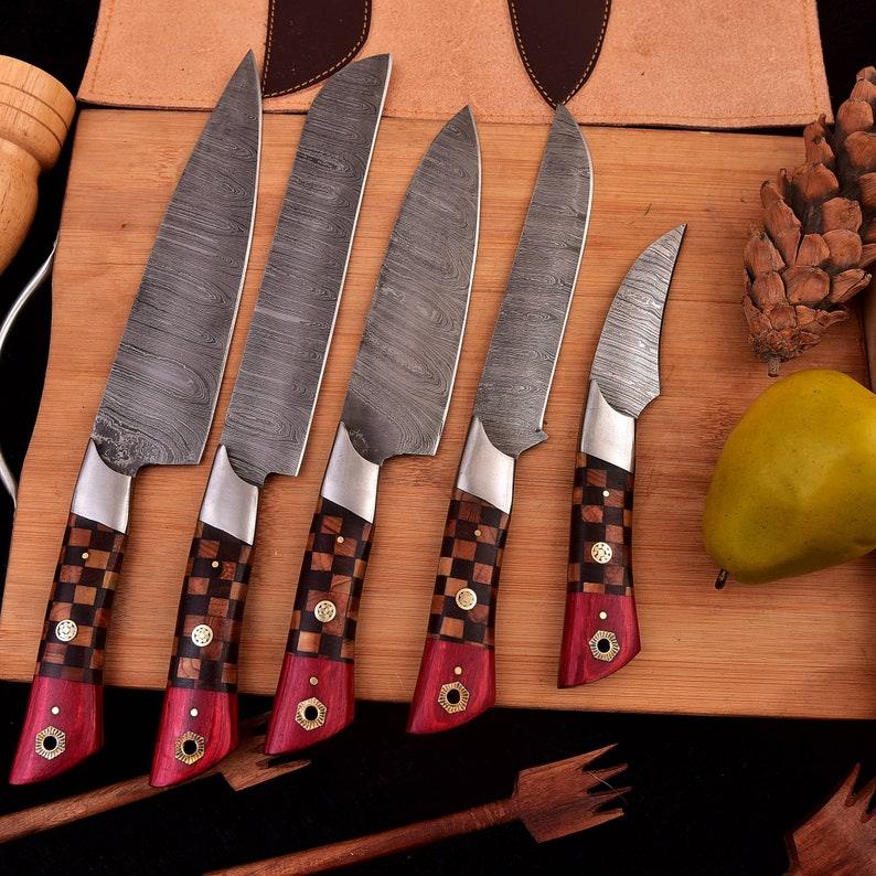 Damascus 5-piece chef knife set with patterned steel blades and ergonomic handles for professional kitchen use by Viking Hills
