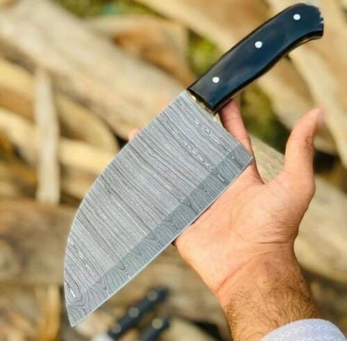 Fully handmade cleaver knife with sharp high carbon steel blade and strong full tang design for heavy duty use
