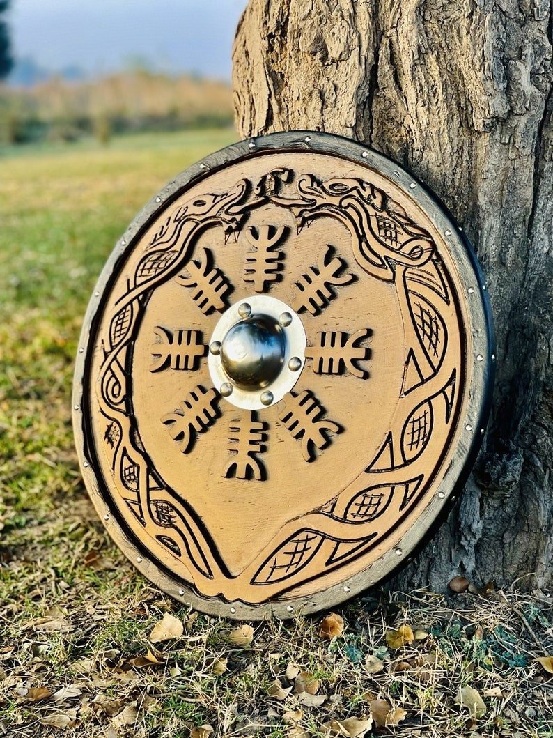 Handmade wooden Viking shield with engraved Norse design, medieval round shield for decor and cosplay by Viking Hills
