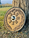 Handmade wooden Viking shield with engraved Norse design, medieval round shield for decor and cosplay by Viking Hills
