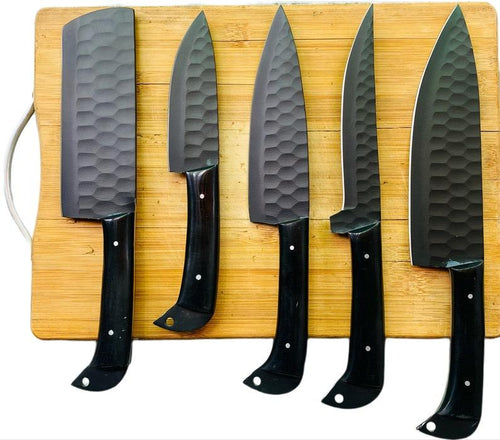 forged steel 5-piece chef knife set with patterned steel blades and ergonomic handles for professional kitchen use by Viking Hills
