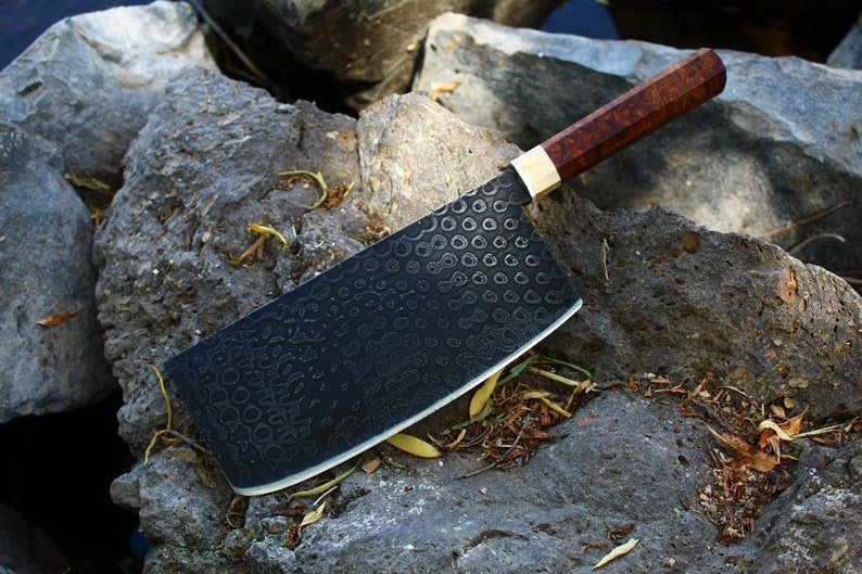Fully handmade cleaver knife with sharp high carbon steel blade and strong full tang design for heavy duty use
