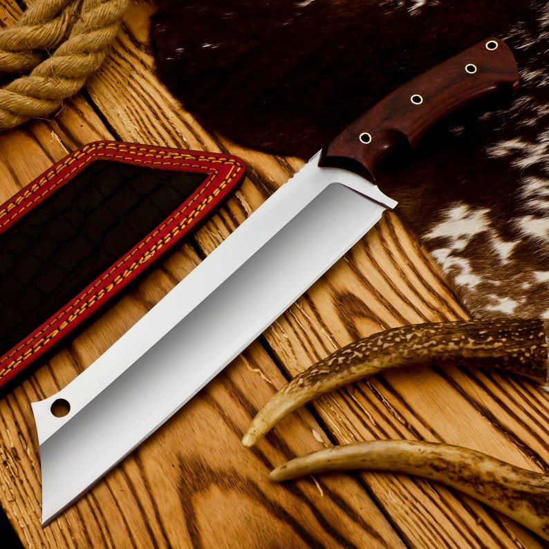 Fully handmade cleaver knife with sharp high carbon steel blade and strong full tang design for heavy duty use
