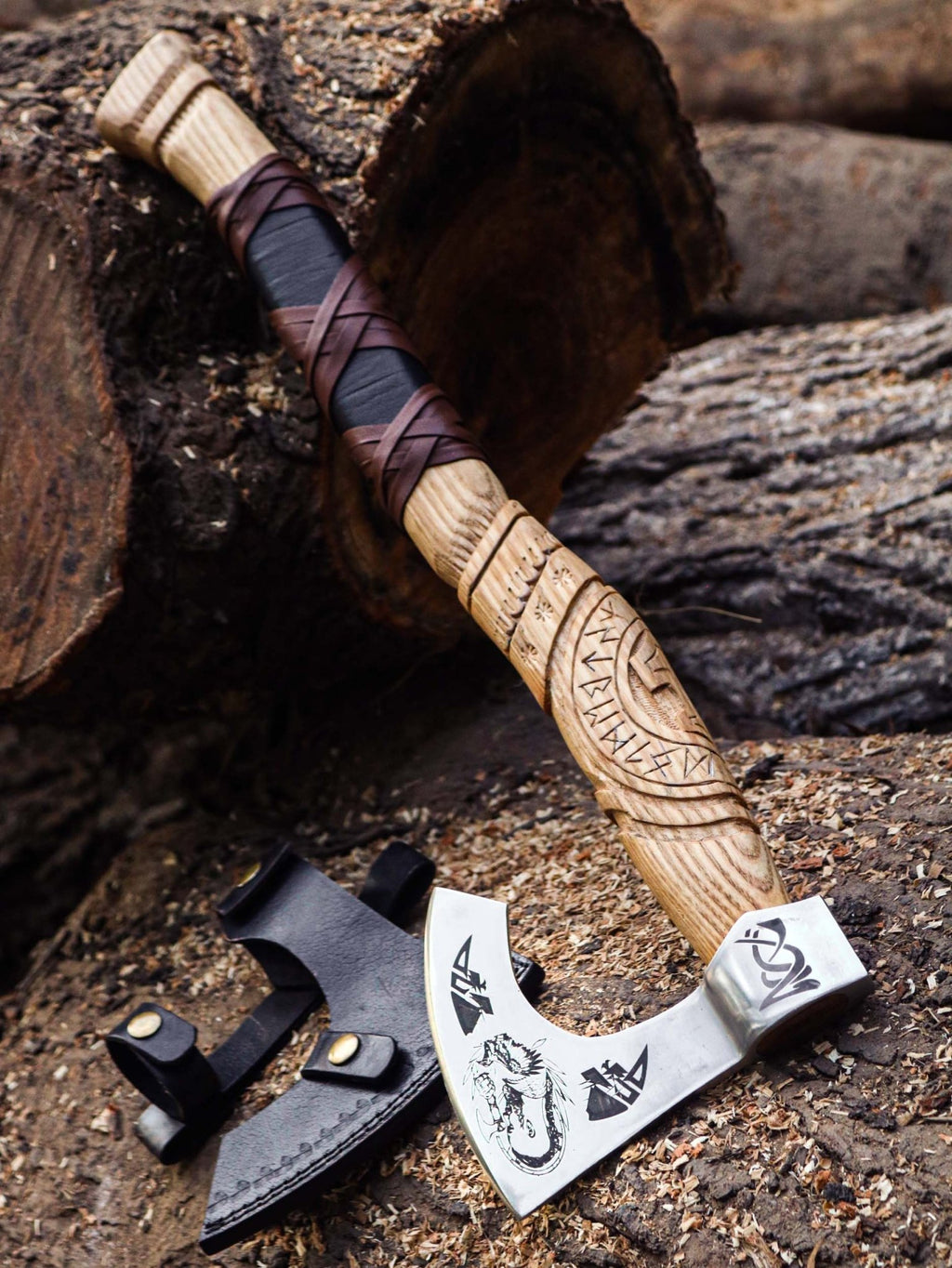 Custom Handmade Viking Etched Axe with Ash Wood Handle | Best Outdoor Axe