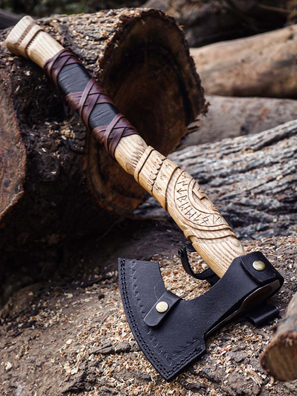 Custom Handmade Viking Etched Axe with Ash Wood Handle | Best Outdoor Axe