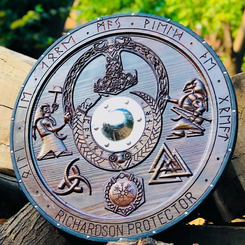 Handmade wooden Viking shield with engraved Norse design, medieval round shield for decor and cosplay by Viking Hills
