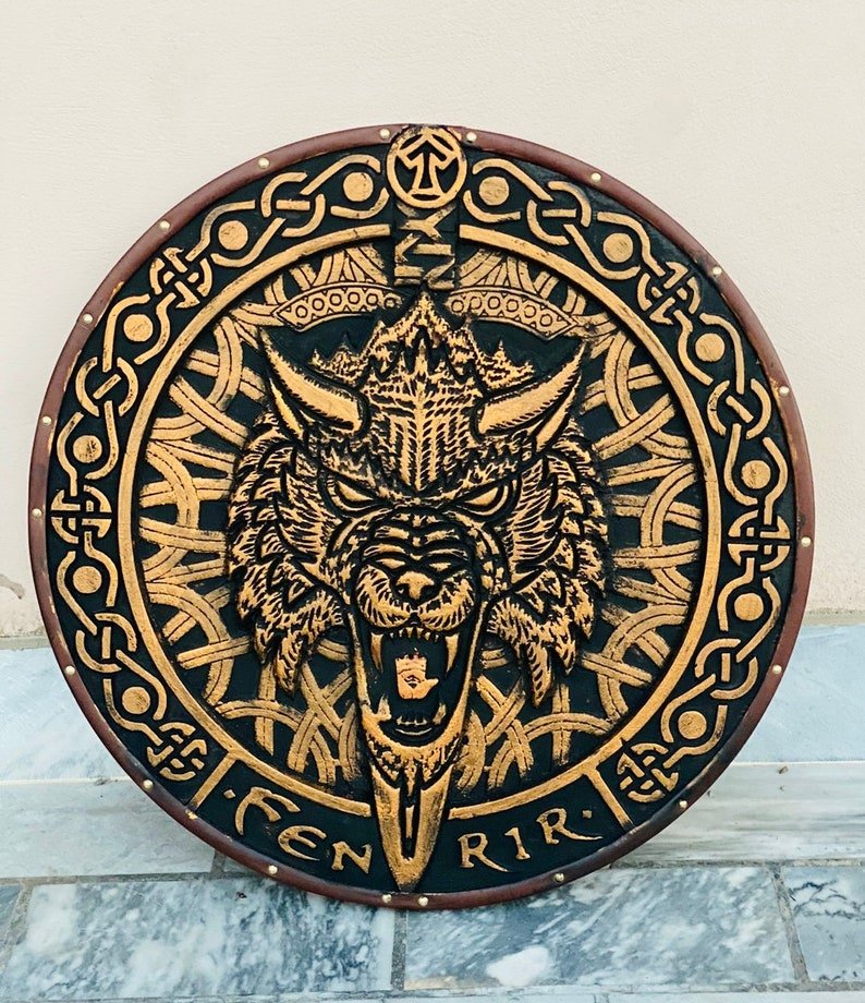 Handmade wooden Viking shield with engraved Norse design, medieval round shield for decor and cosplay by Viking Hills
