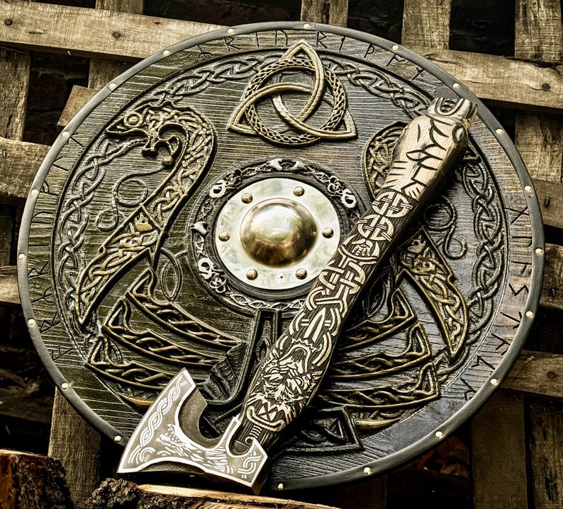 Handmade wooden Viking shield with engraved Norse design axe, medieval round shield for decor and cosplay by Viking Hills
