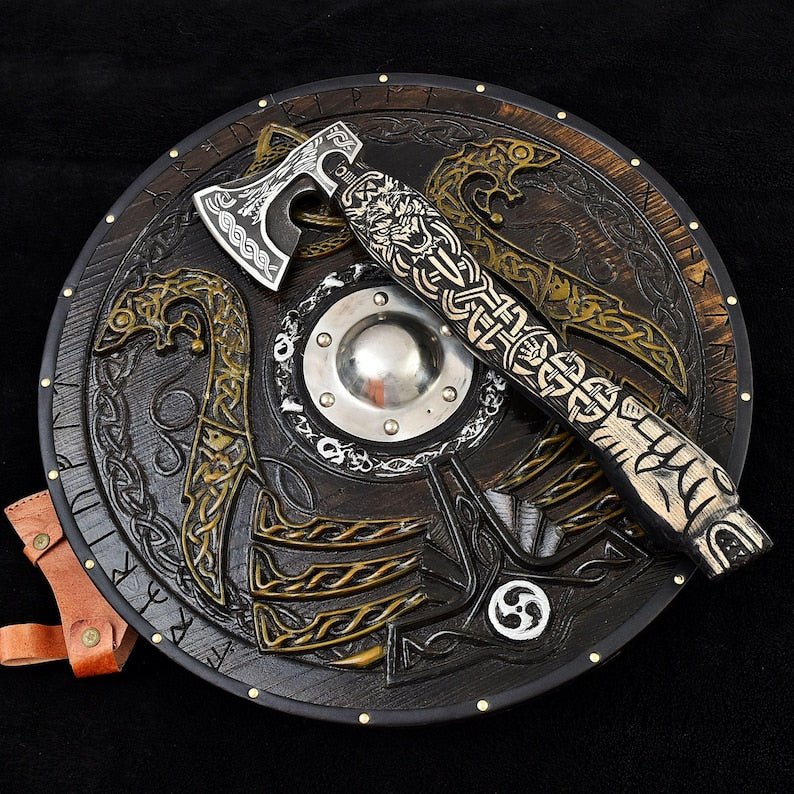 Handmade wooden Viking shield with engraved Norse design axe, medieval round shield for decor and cosplay by Viking Hills

