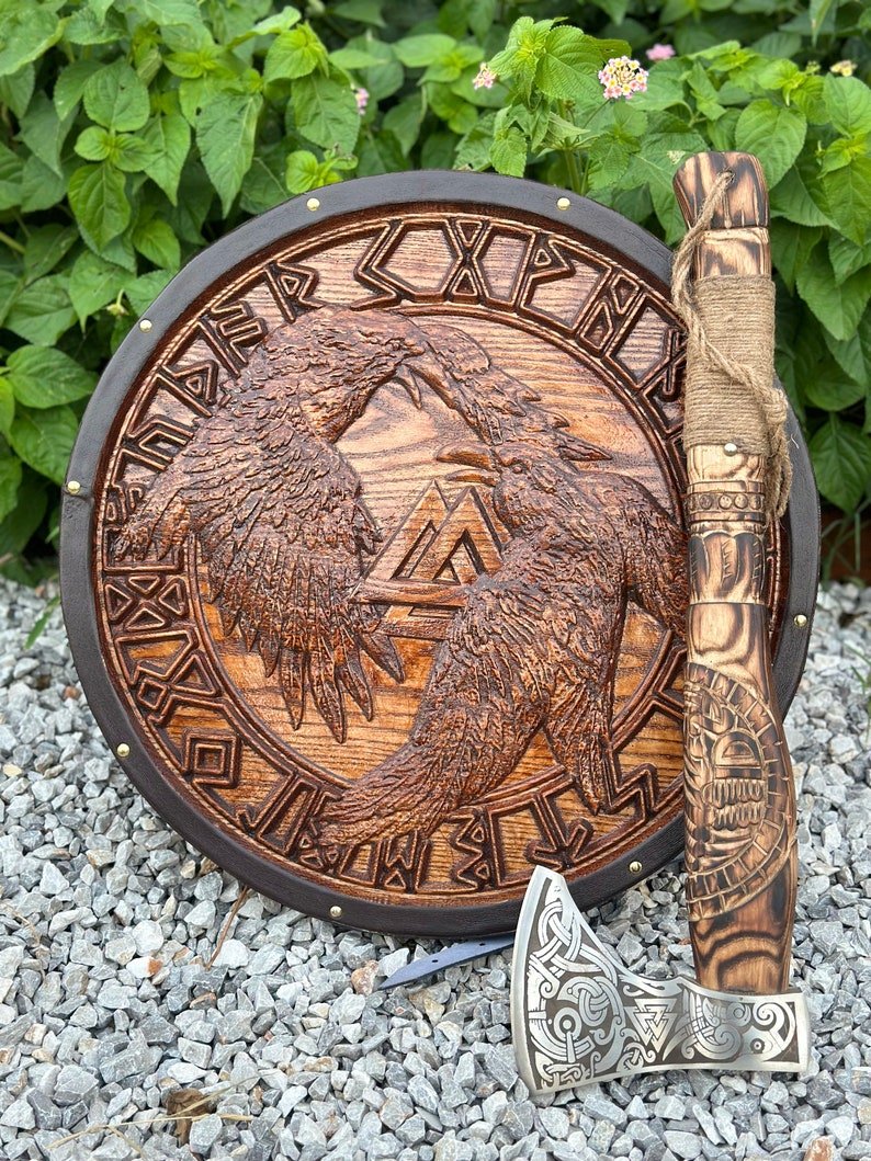 Handmade wooden Viking shield with engraved Norse design axe, medieval round shield for decor and cosplay by Viking Hills
