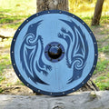 Handmade wooden Viking shield with engraved Norse design, medieval round shield for decor and cosplay by Viking Hills
