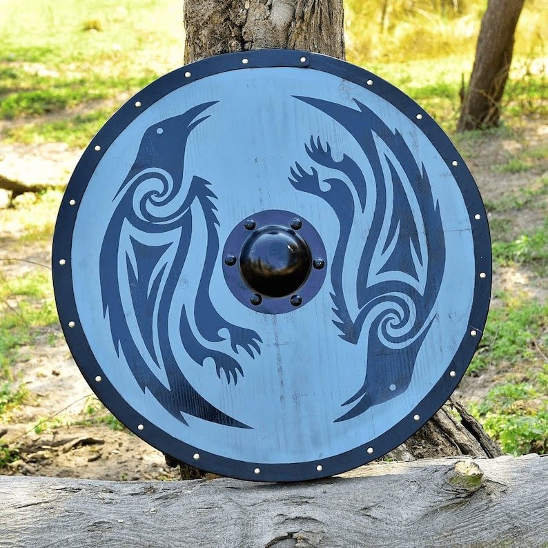 Handmade wooden Viking shield with engraved Norse design, medieval round shield for decor and cosplay by Viking Hills
