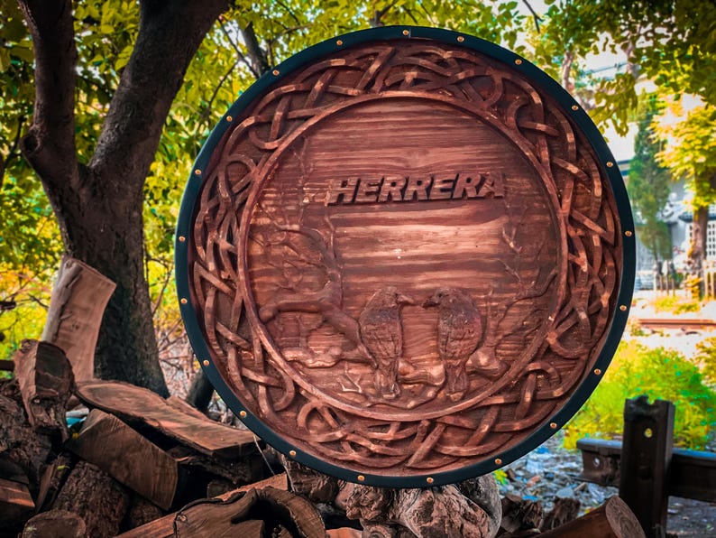 Handmade wooden Viking shield with engraved Norse design, medieval round shield for decor and cosplay by Viking Hills
