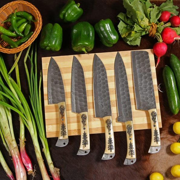 Damascus 5-piece chef knife set with patterned steel blades and ergonomic handles for professional kitchen use by Viking Hills
