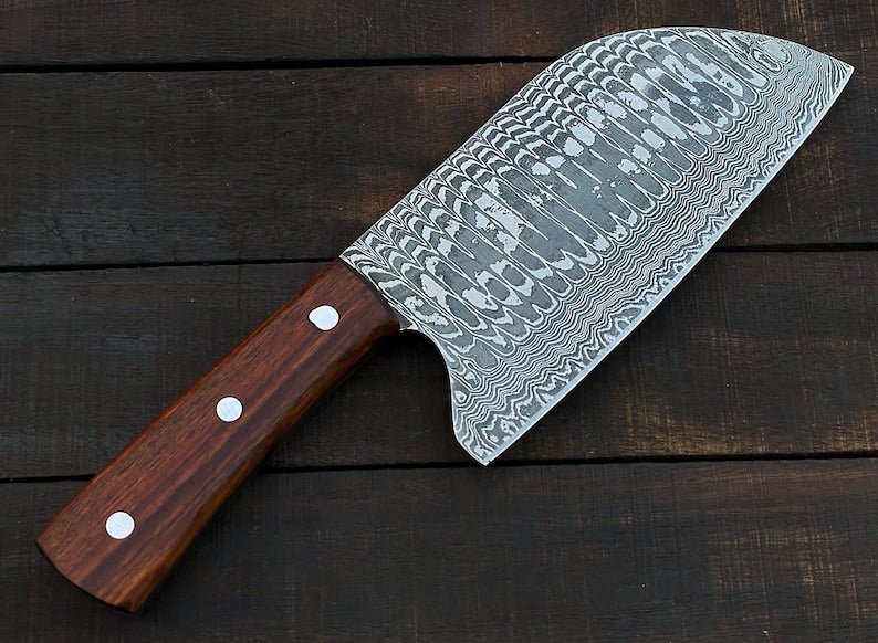 Fully handmade cleaver knife with sharp high Damascus steel blade and strong full tang design for heavy duty use
