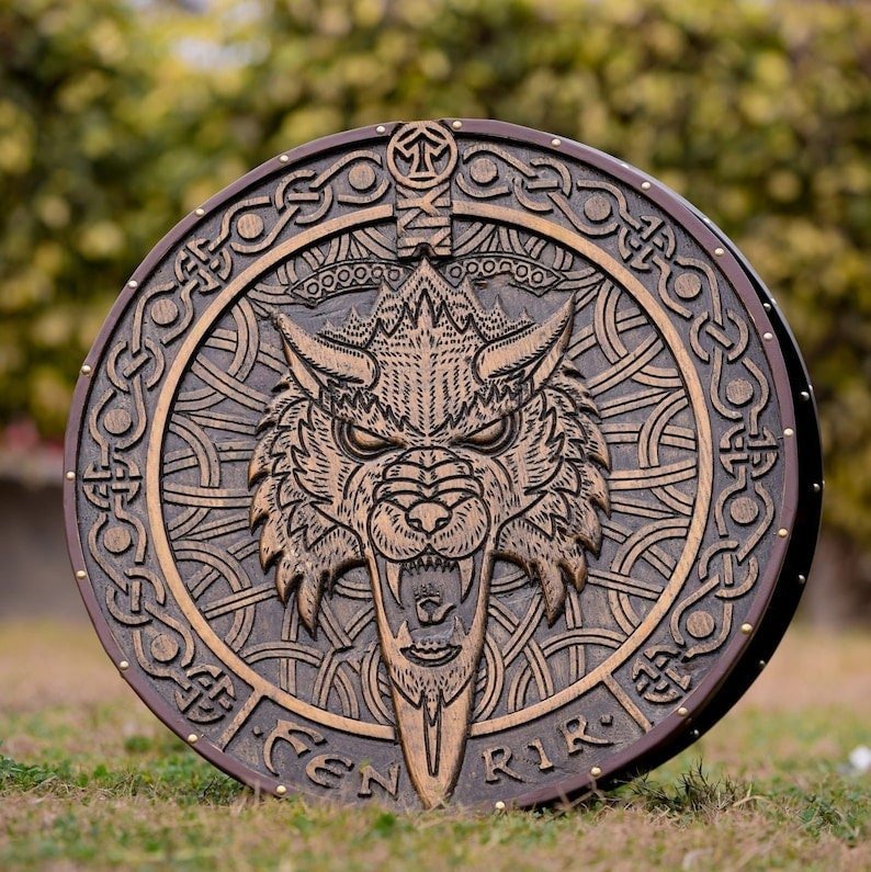 Handmade wooden Viking shield with engraved Norse design, medieval round shield for decor and cosplay by Viking Hills
