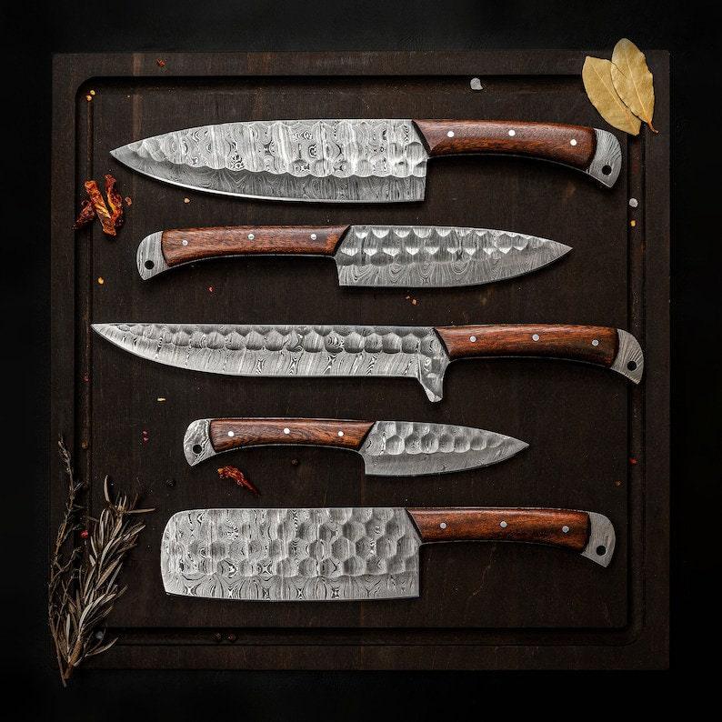 corban steel 5-piece chef knife set with patterned steel blades and ergonomic handles for professional kitchen use by Viking Hills
